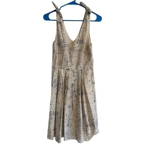 L'AGENCE Beige Navy Abstract Print Tie Shoulder V Neck Midi Dress Women Sz 4